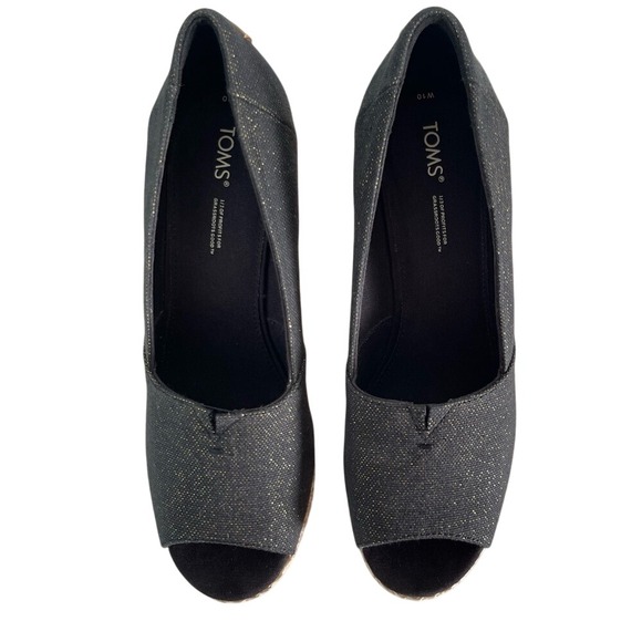 Toms Shoes - Tom's Classic‎ Black Denim+Gold Wedge Peep Toe Espadrille Heels SZ 10 Never Worn